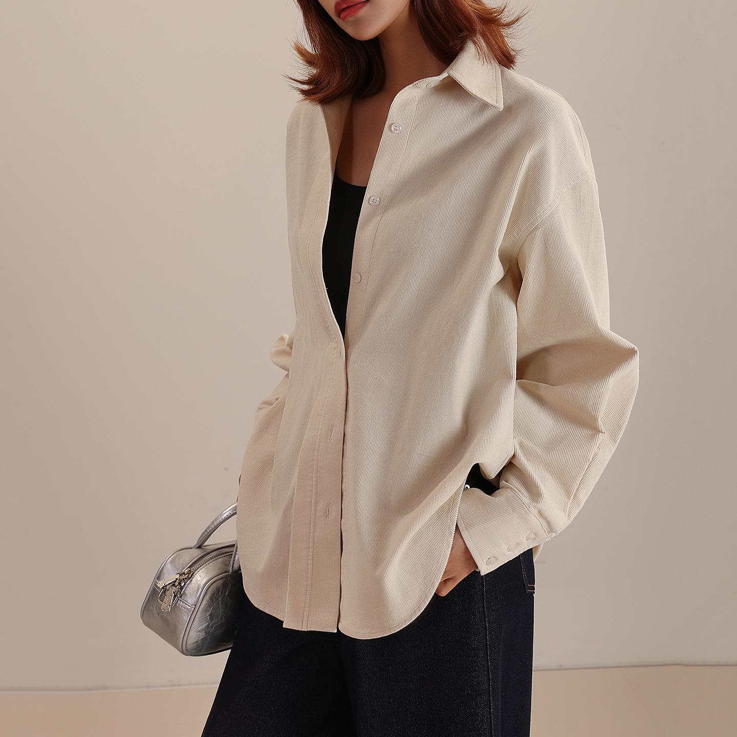 Women s Long Sleeve Washed Corduroy Blouse - Drop/Regular Shoulder, 100% Cotton, Slim Fit, for Spring, Autumn, Winter. Small