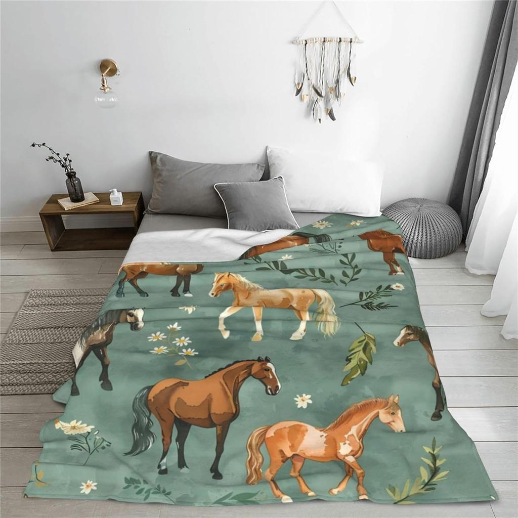 Horse Blanket Cute Horses Flowers Decor Throw Blanket Gifts for Animal Lover Warm Soft Plush Lightweight Fleece Flannel Blanket