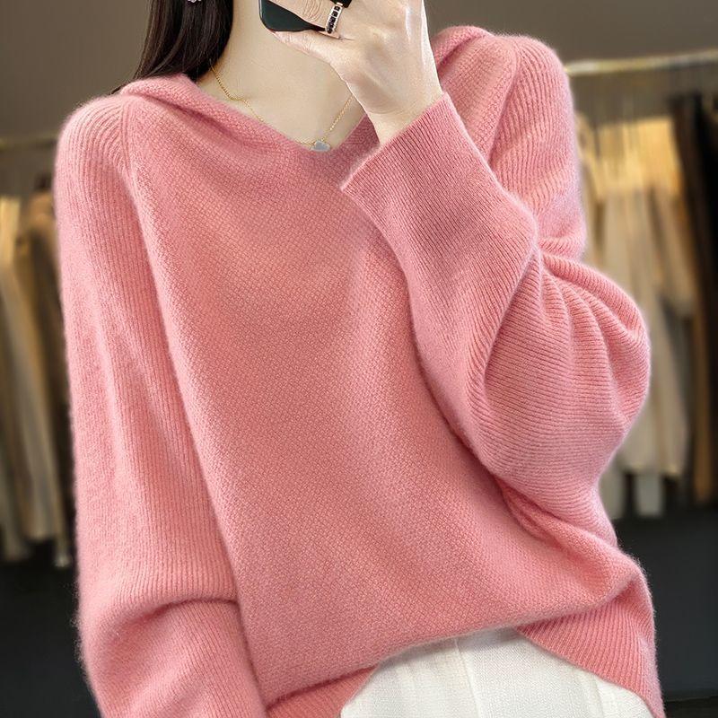 Autumn and Winter Knitted Sweaters Hoodies Women's Hooded Knitted Sweaters Loose and Warm V-neck Pullovers for Women