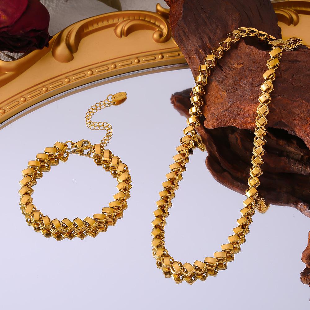 18K Gold Plated Geometric Necklace & Bracelet Set - Copper, Hip Hop Style, Color Retention
