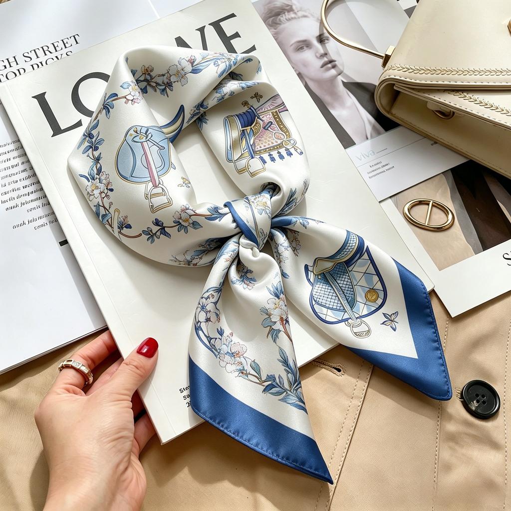 Commuter elegant flower silk scarf women's contrasting color retro printing satin scarf shirt with multi-purpose decorative small scarf