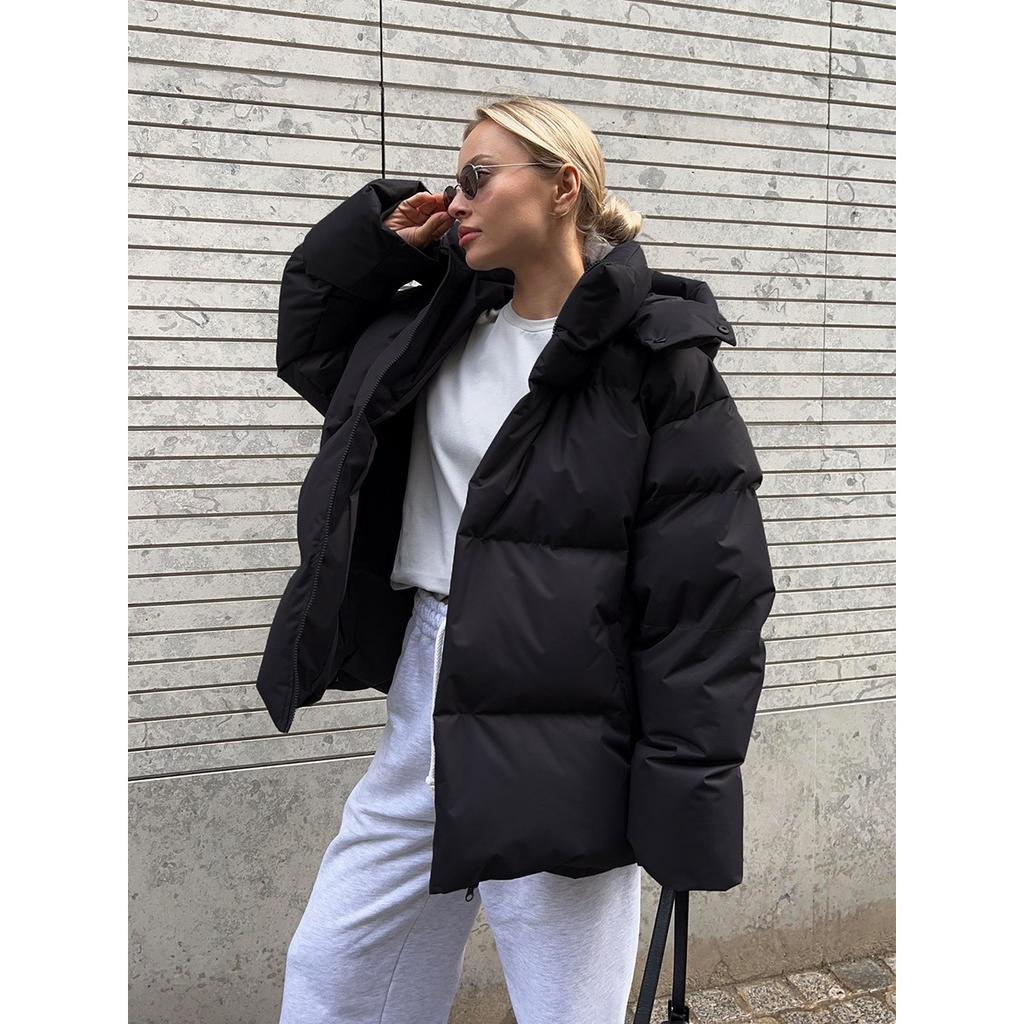 Women's Stand Collar Long Sleeve Detachable Hood Puffer Jacket Loose Fit Streetwear Winter Cotton Coat