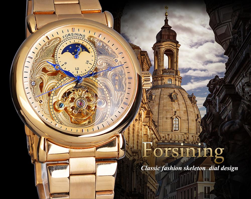 Forsining Automatic Mechanical Business Watch Mens Clock Golden Moon Phase Steel Strap Wrist Watches Top Brand