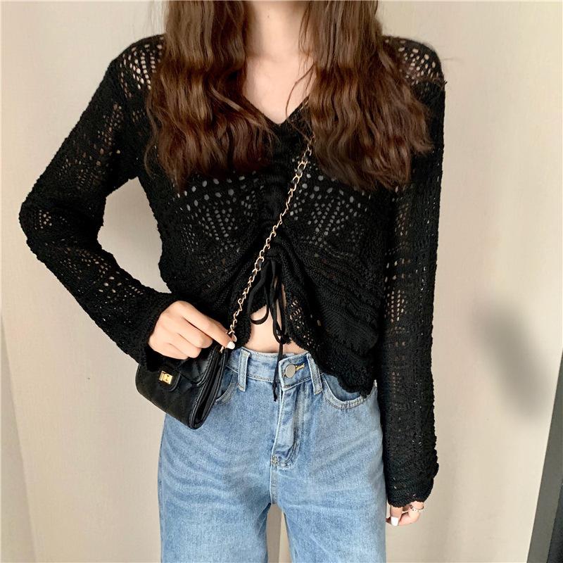 Hollow knitted sweater women's summer short drawstring v-neck lazy outside with sunscreen long-sleeved thin blouse top women