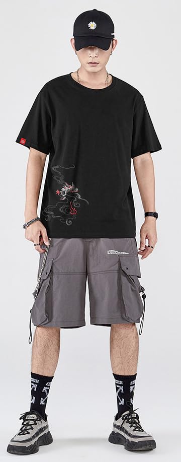 Short Sleeve with Funny Embroidery and Japanese Round Street Cool Summer Sizes FUN501 Men's T-Shirt Pattern, 100% Cotton, Unisex, Casual, Collar,