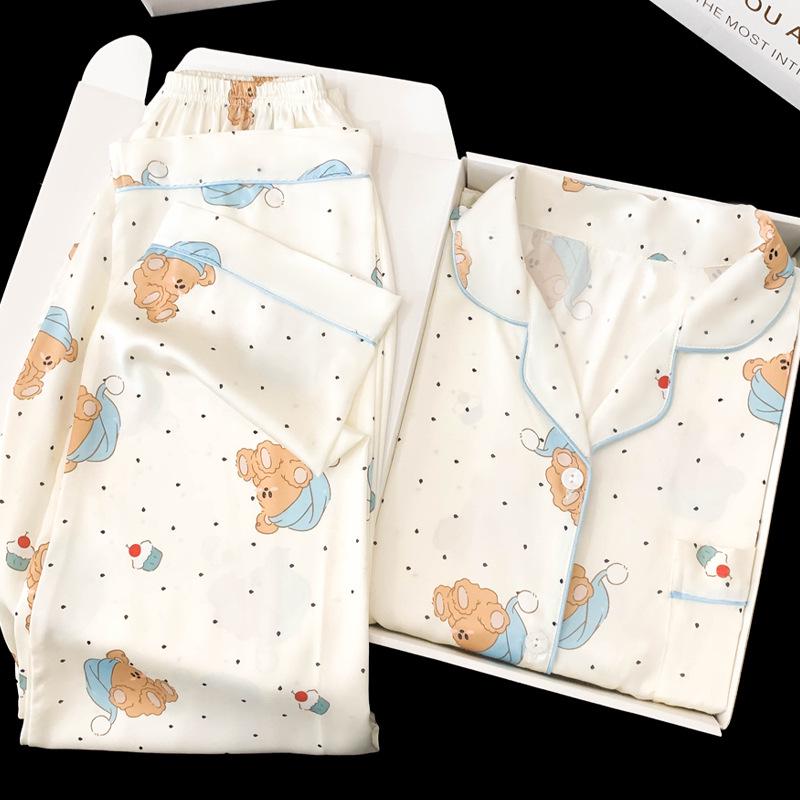 

Женский осенний роскошный французский пижамный комплект из ледяного шелка в горошек с мишкой L (50-57.5 kg)