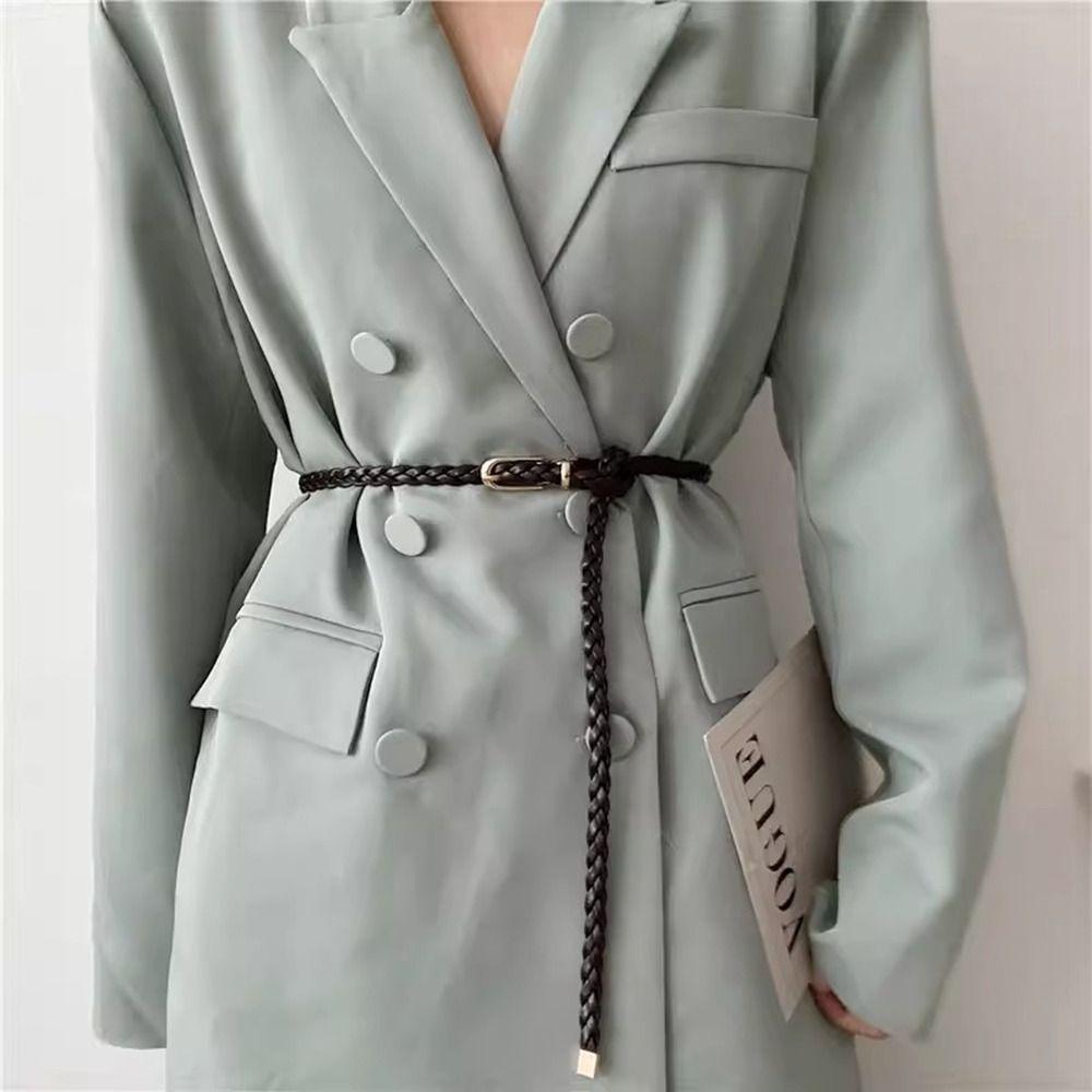 Metal Buckle Weave Belt Waist Belt PU Leather Waistband Trendy Thin Belt Dress Decoration