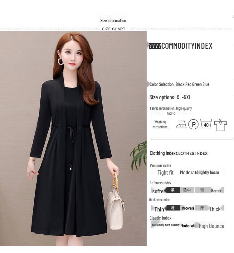 Spring & Autumn Long-Sleeve Two-Piece Dress for Middle-Aged Women - Slim Fit, Medium Length