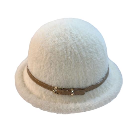 Yousheng Basin Hat Solid Color Plush Fabric Bucket Hat with Belt Decor Retro Style Basin Hat Autumn Winter Outdoor Activities Daily Wear