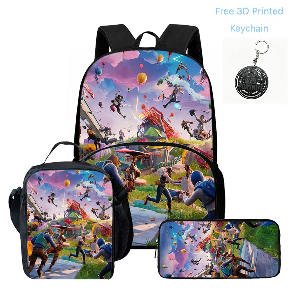 FORTNITE 3Pcs Cartoon School Set, Lightweight Backpack Front Pocket, Lunch & Pencil Case Kids 5-10, Free 3D Printed Keychain