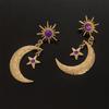 Star and Moon Rhinestone-Inlaid Earrings with Purple Gemstones