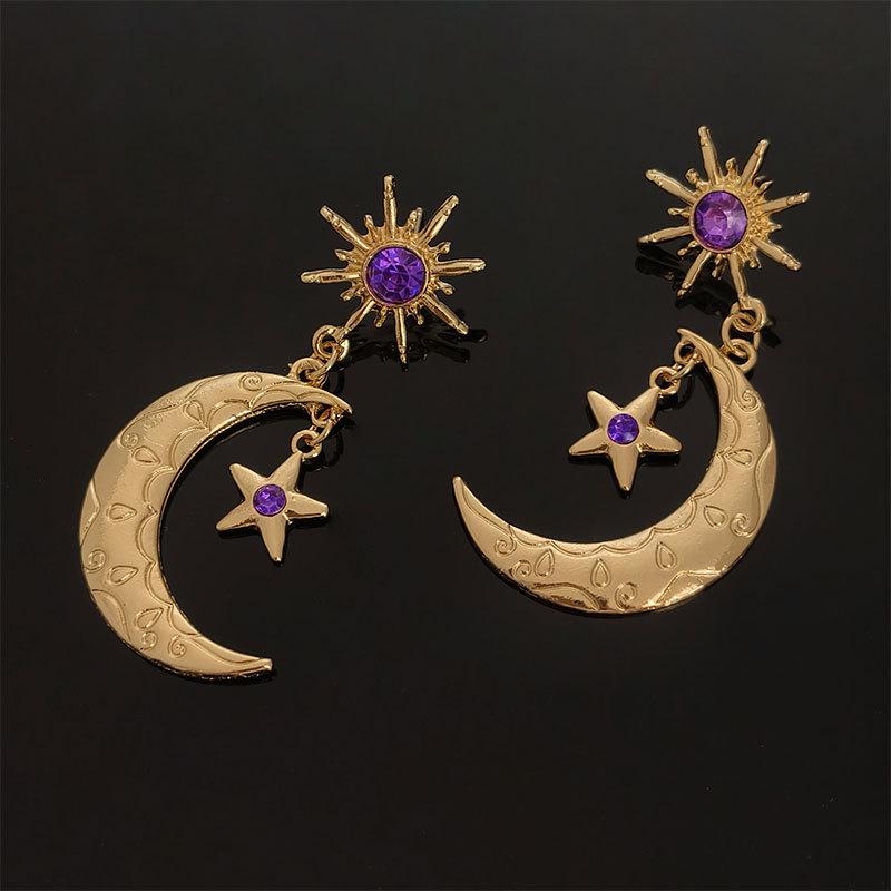 Star and Moon Rhinestone-Inlaid Earrings with Purple Gemstones