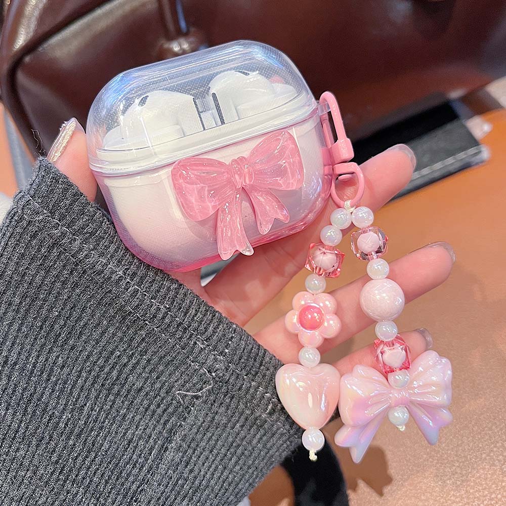 Gradient Cute Bow DIY Flower Earphone Case Crystal Pendant For Samsung Galaxy Buds 2 3 Pro Live FE Cover Earbuds Accessories