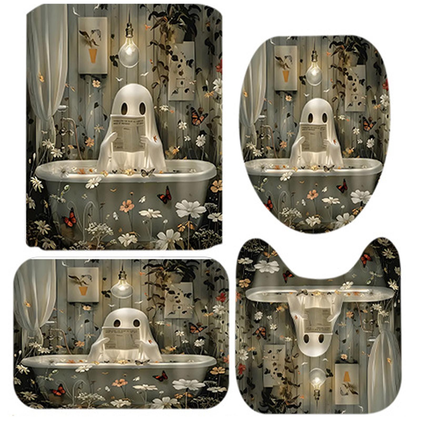 

4 шт. комплект занавесок для душа на Хэллоуин, нескользящие коврики для ванной, крышка для унитаза, U-образный коврик, украшения на Хэллоуин, занавеска для душа с 12 крючками One Size