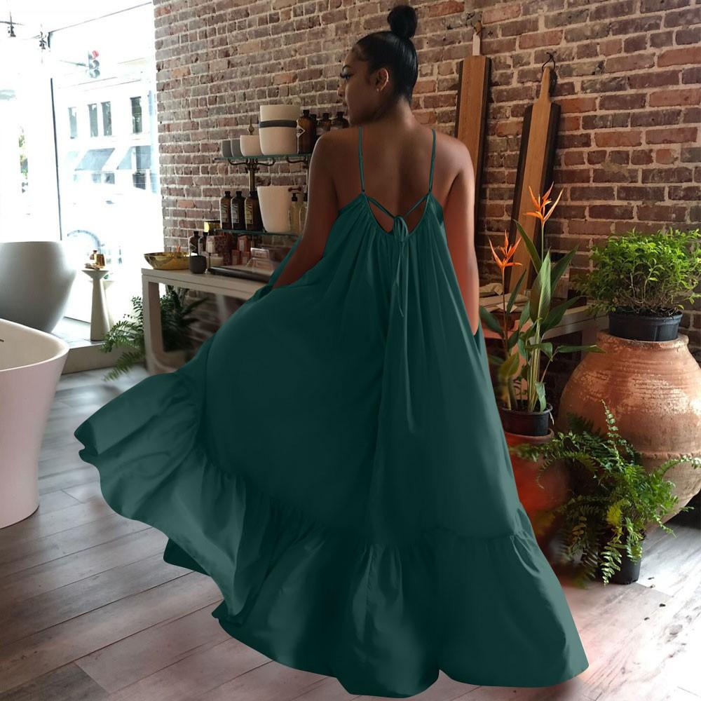 Women Fashion Casual Strap Dress Pocket Loose Backless Big Swing Dress