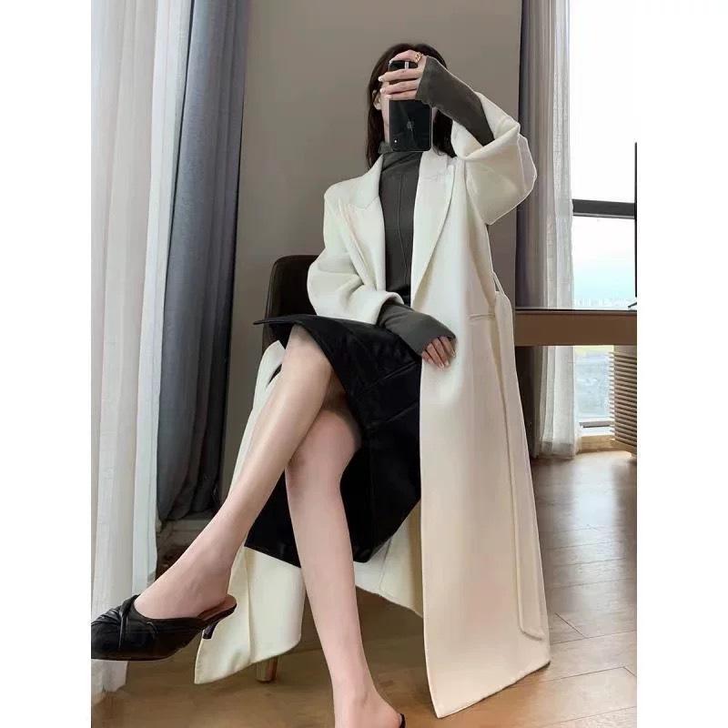 Bathrobe Style Front Shoulder Double-sided Wool Coat Winter Extended Over-knee Belt Long Hair Thickened Woolen Coat