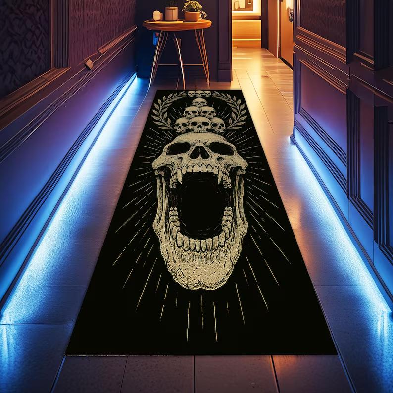 Skull Runner Rug Gothic Hallway Rug Chains and Roses Carpet, Dark Aesthetic Rug Washable Rug Non Slip Rugs Home Decoration