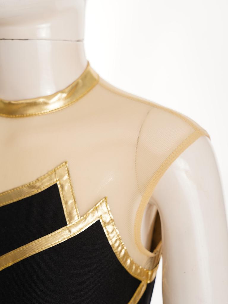 Girls Gymnastics Leotard: Metallic Striped Sheer Mesh Patchwork Keyhole Back Sleeveless Bodysuit for Dance Performance