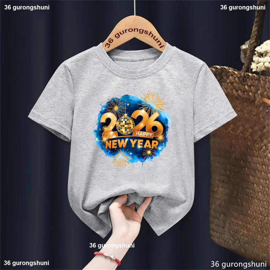 Happy New Year! Sparkling Gold 2026 Printed T-shirt Fashion Girls/Boys New Year Winter Holiday T-shirt Kids New Year Gift Tops