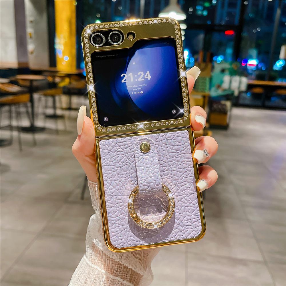 Leather Plating  Ring Phone Case For Samsung Galaxy Z Flip 7 6 Flip 5 Zflip 4 3 Bling Diamond Shockproof Cover Funda
