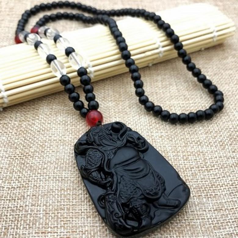 Men's Domineering Pixiu & Dragon Necklace with Guan Yu Pendant - Imitation Obsidian Couples Gift