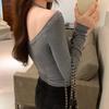 Halter Neck Pleated Long-sleeved T-shirt for Women In Autumn New Design Niche Backless Collarbone Short Top
