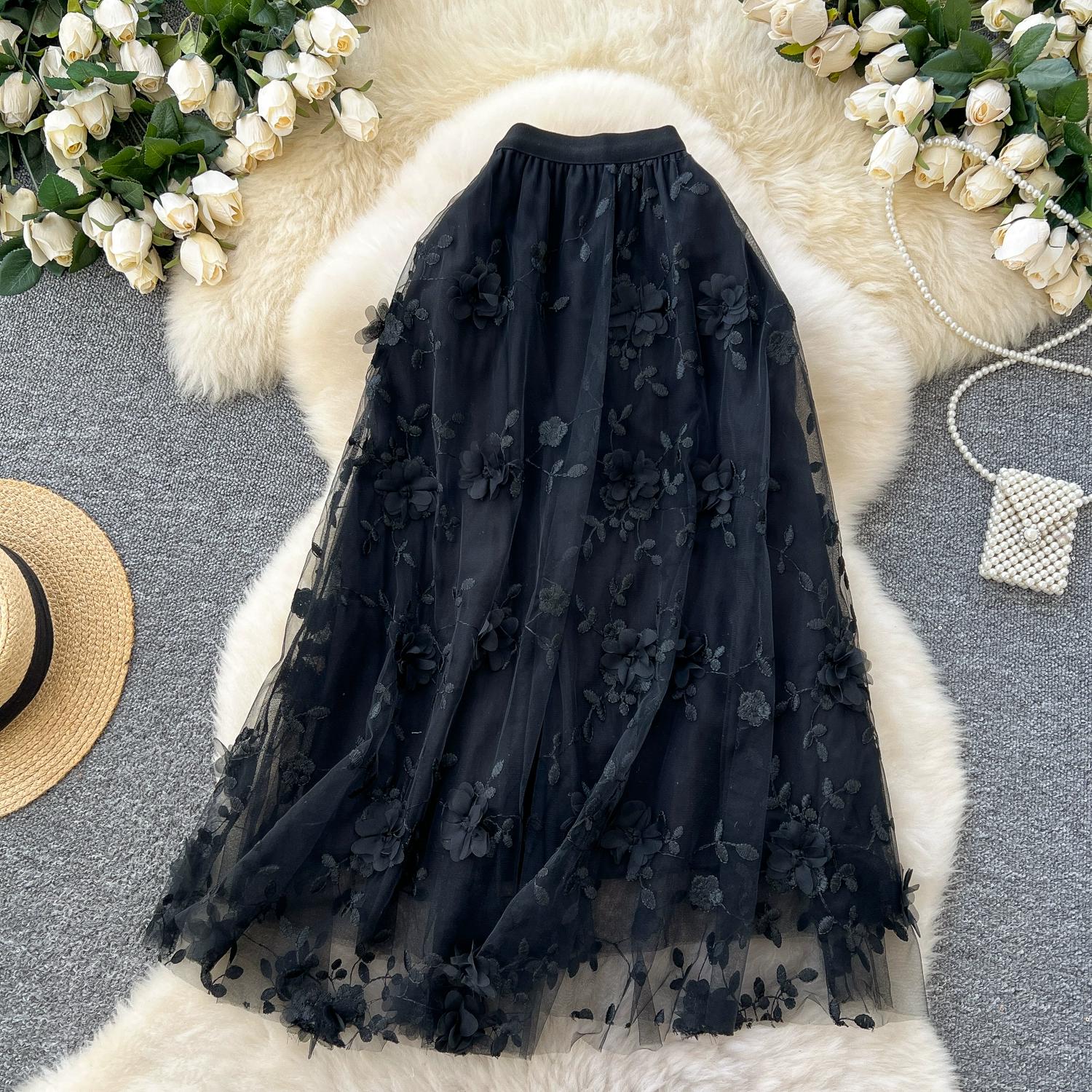

Летняя женская сетчатая вышитая 3D-цветочная юбка с высокой талией и длинным миди-тюлем One Size чёрный