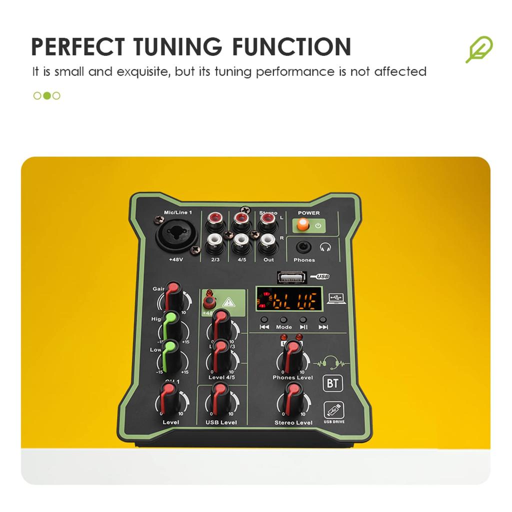 Compact Audio Mixer Sound Mixing Console with 48V Phantom USB Audio LED Reverb Bluetooth Function for DJ Live Karaoke 5-Channel Power, Interface,