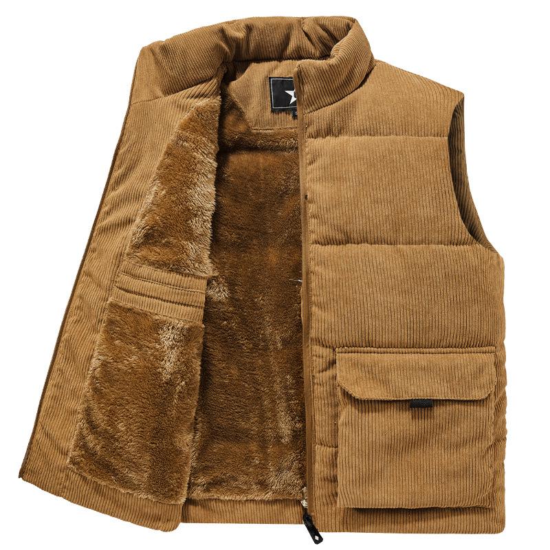 Men's Thickened Corduroy Vest - Fleece Lined, Stand Collar, Sleeveless, Plus Size, Warm Workwear Coat for Autumn/Winter