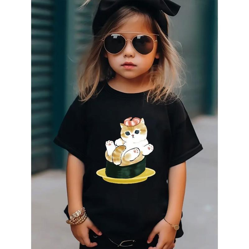 European sizes Adorable Cat Print T-Shirts with Fun Designs for Girls, Featuring Cute Cartoon Styles. Perfect for Children, Short-Sleeve Top
