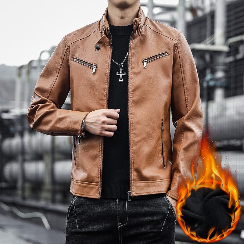 Men's Stand Collar Leather Jacket Autumn and Winter New Tops Men's Velvet Thickened Work Jacket