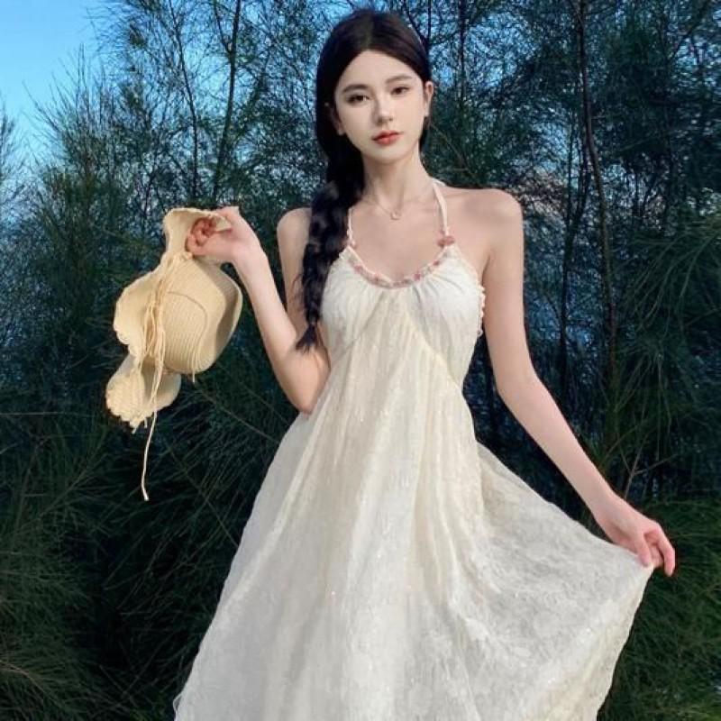 Elegant Off-Shoulder Backless Maxi Dress Women Floral Jacquard Lightweight Vacation In Beige Loose Waist Sleeveless 2025 New Arrival