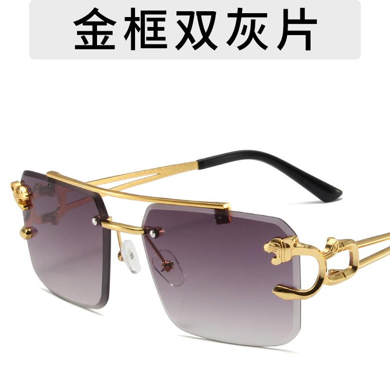 Lunettes de soleil carrées rétro sans cadre, nouvelles lunettes de soleil en métal à double faisceau à tête léopard personnalisées à la mode, lunettes de protection solaire pour le conducteur