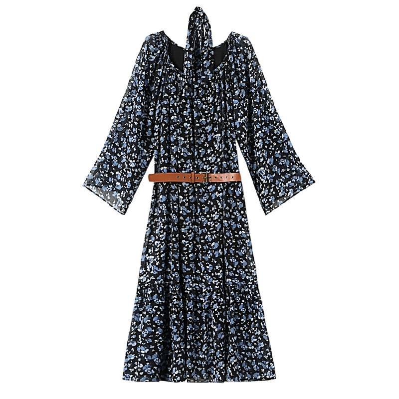 Zhu Zhu Style French Retro Chiffon Floral Long-Sleeve Dress for Women - Autumn Holiday Slim Fit