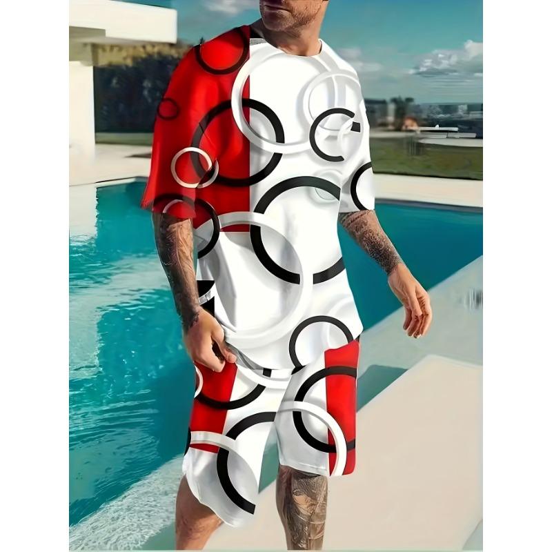 Мужской модный сине-красный комплект из 2 предметов большого размера: футболка с коротким рукавом и круглым вырезом с геометрическим 3D-принтом и полосами, и шнурок S