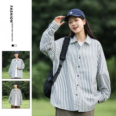 Striped Long-sleeved Shirt for Men and Women New Fall Trend Loose Version of Hong Kong Style Casual Coat Young Men's Coat