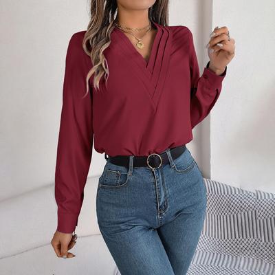 נשים עם שרוולים ארוכים צווארון V חולצת חולצה בצבע אחיד חולצת טי נשים חולצת חולצות שיפון רחוב חולצות ללבוש טופ