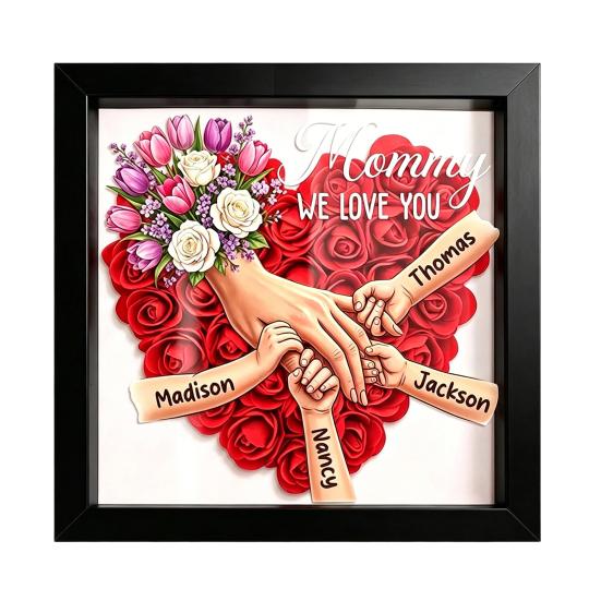 

Personalized Mommy Holding Hands Shadow Box with Ring And Manicure, Custom Names Floral Heart Picture Frame, Mother s Day Gifts for Mom Grandma M G чорний