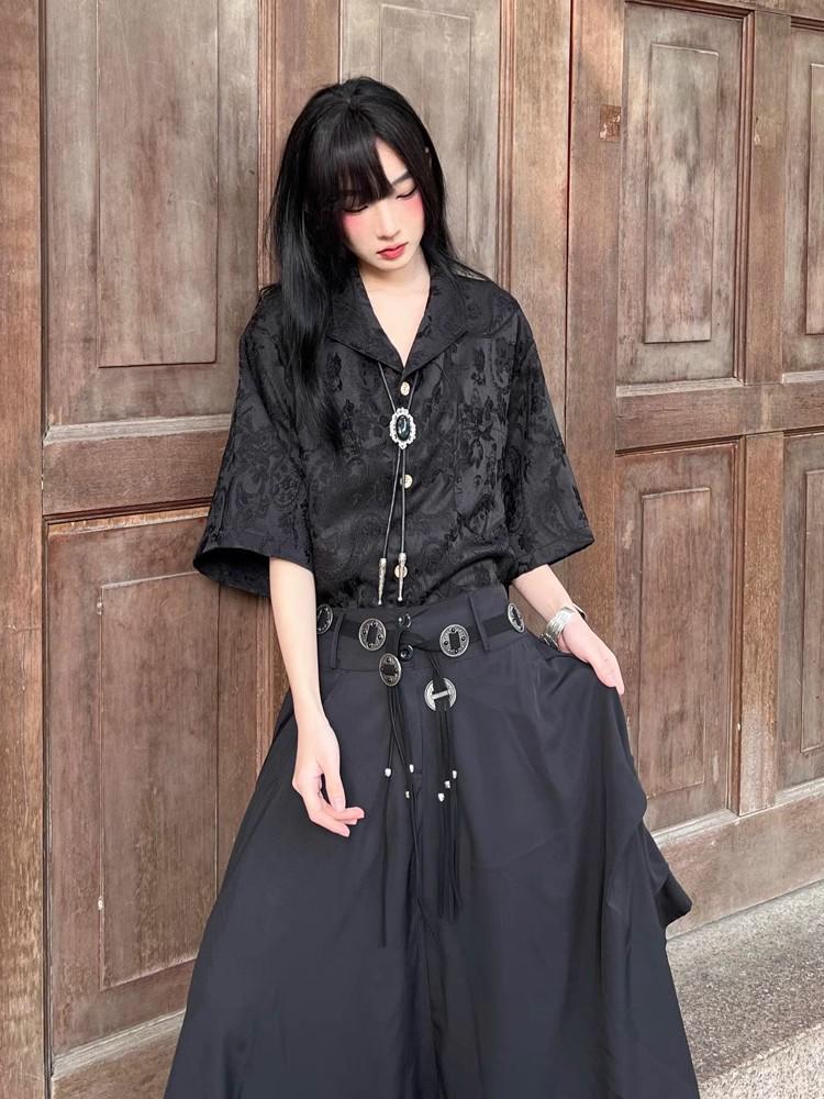 

Новая ретро-тренд жаккардовая рубашка - Унисекс свободный короткий рукав 2XL чёрный