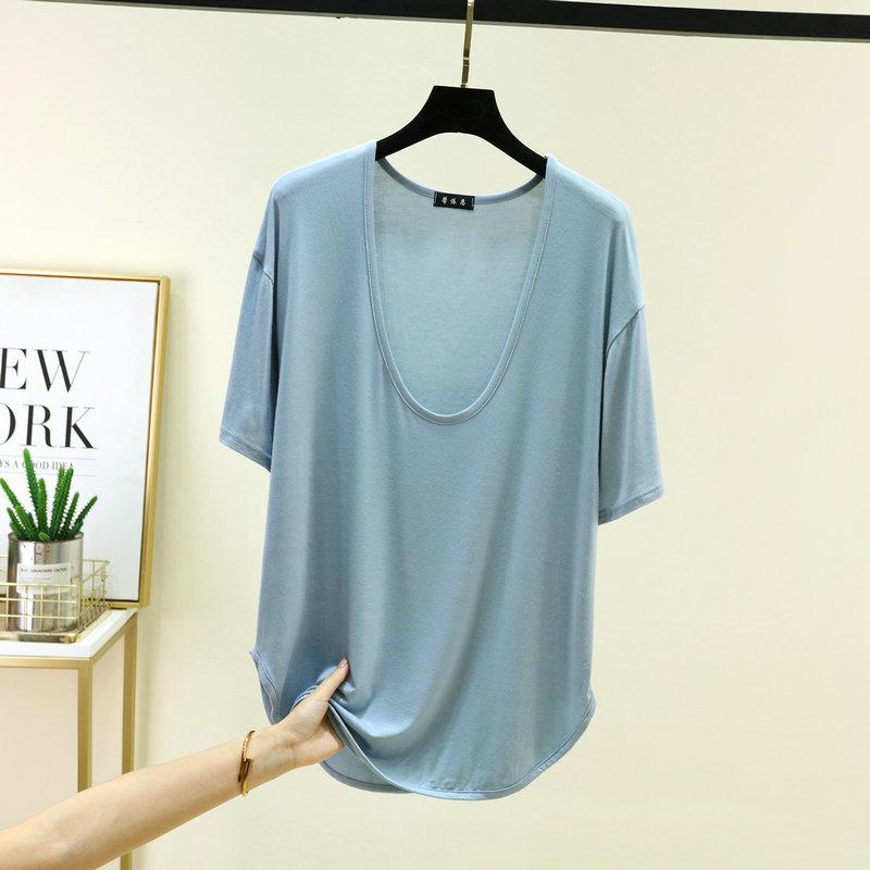 Modal Deep U-Neck Tshirt Summer Loose Short-sleeved T-shirts Simple Thin Tees Casual Tee Tops