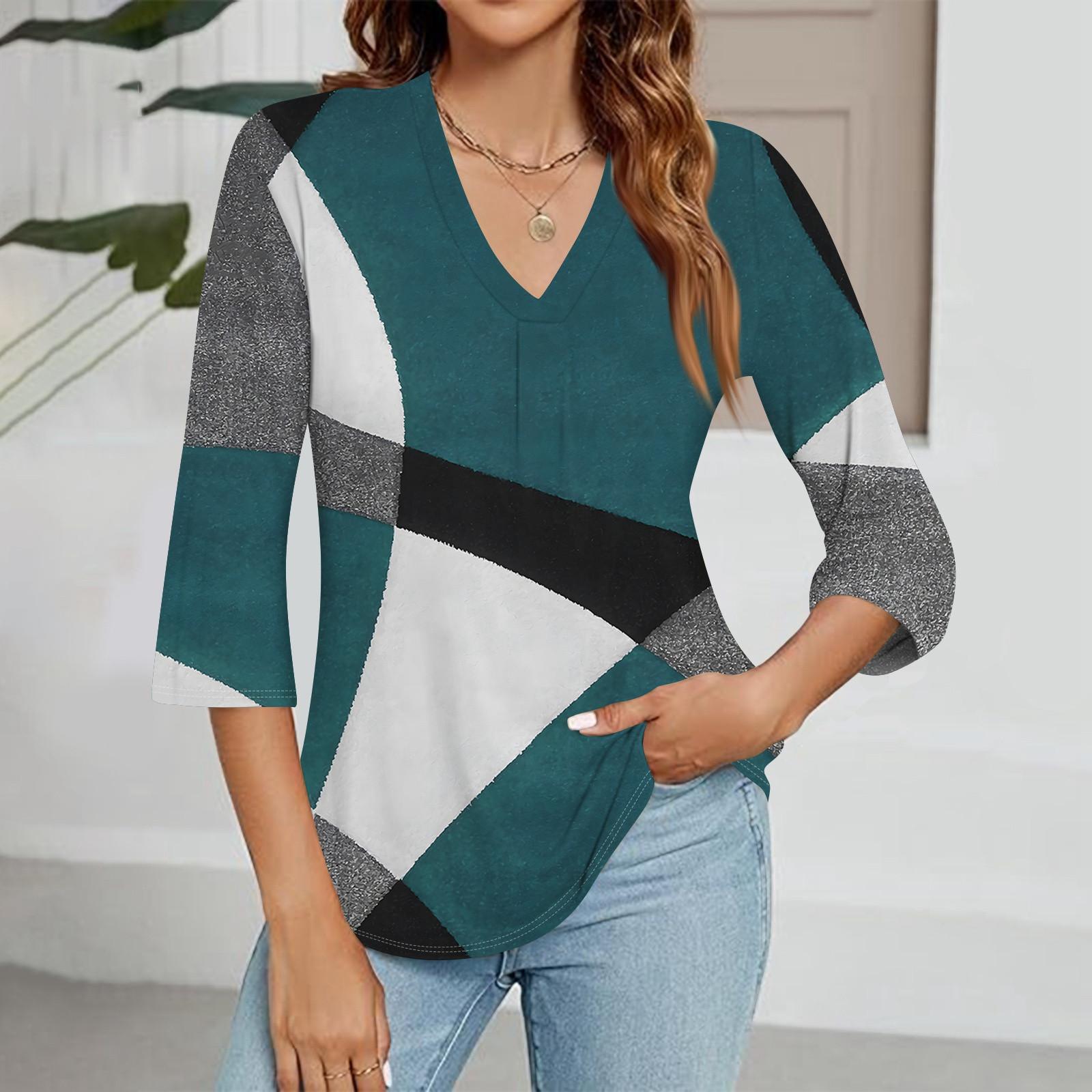 

Женский модный топ с v-образным вырезом и градиентным принтом, рукав три четверти S бирюзовый