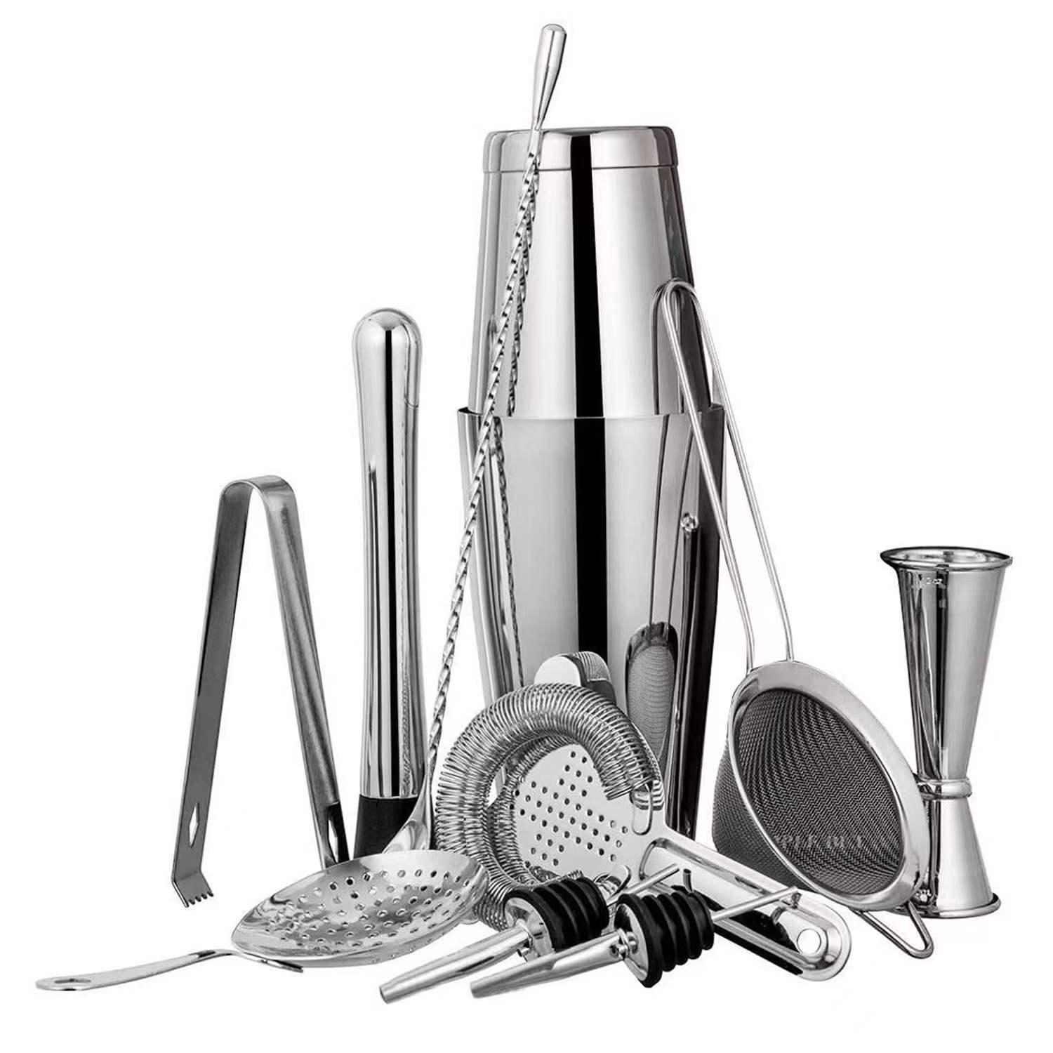 

11-Piece Stainless Steel Cocktail Shaker & Bar Tool Set with Teardrop Spoon & Jigger 750+550ml Color Box
