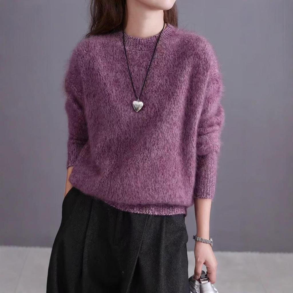 2025 Autumn/Winter Women's Thickened Wool Cashmere Round Neck Knit Sweater with Brushed Fleece