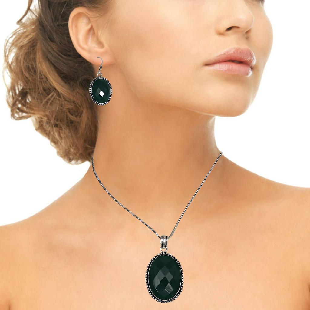 Onyx Green Pendant Set Earrings Jewelry Gemstone Handmade Ethnic