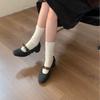 2025 New Korean Version of Round Head with Bow Thick Medium Heel Woolen Velvet Women's Mary Jane Single Shoes