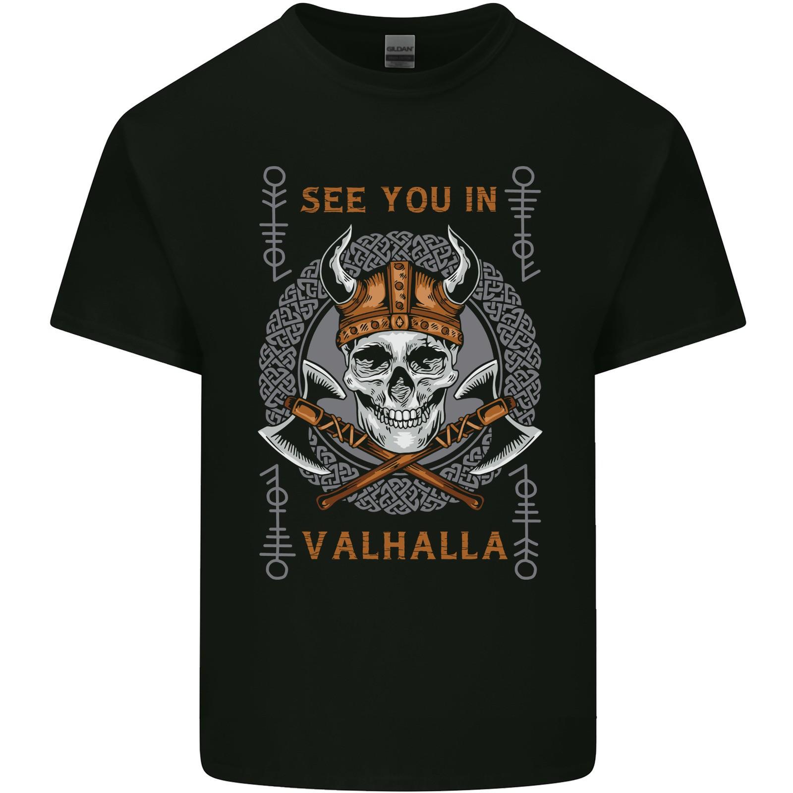 See You in Valhalla Viking Skull and Symbols Mens Light Cotton T-Shirt M