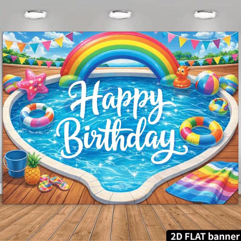 2D Rainbow Pool Party Backdrop Happy Birthday Beach Ball Banner
