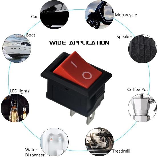 10pcs KCD1 2 pin Red Rocker Switch SPST 2 Position 250V 6A 125V 10A Boat Shaped Rocker Switch for auto Household appliances DIY