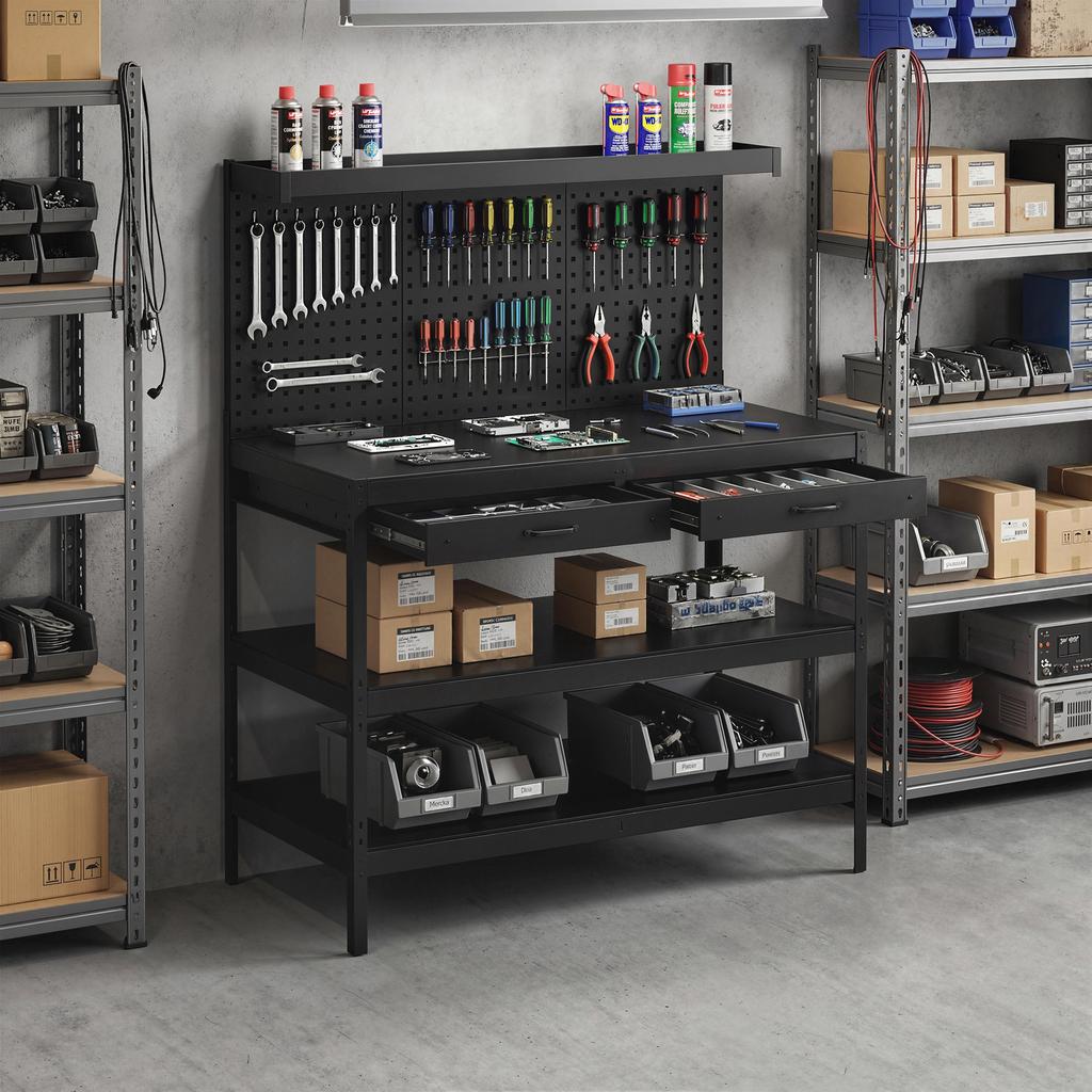Workbench with Adjustable Shelves, Pegboard and 2 Drawers, 122x61x156 cm, Black