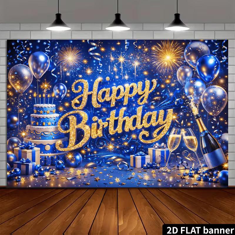 2D Blue Gold Glitter Happy Birthday Backdrop, Champagne Cake Party Banner